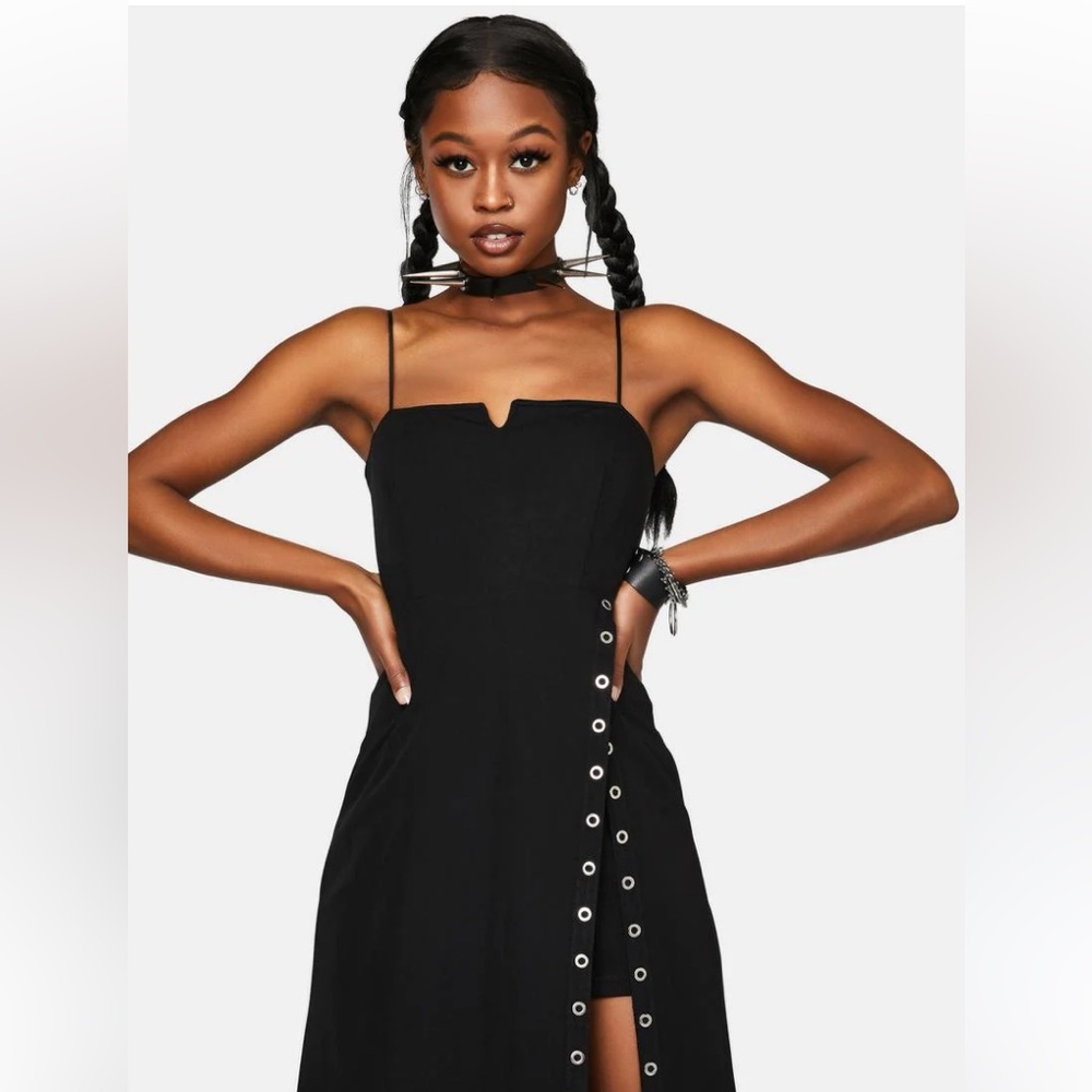 PUNK RAVE Dark Long Midi Slip Dress Snap Button Side Slit Adjustable Strap Black